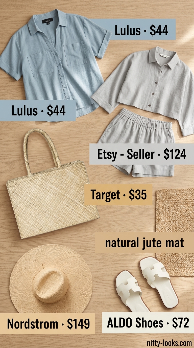 Sky blue linen crop top & shorts matching set for women 2026. Relaxed for beach days and coastal vacations.