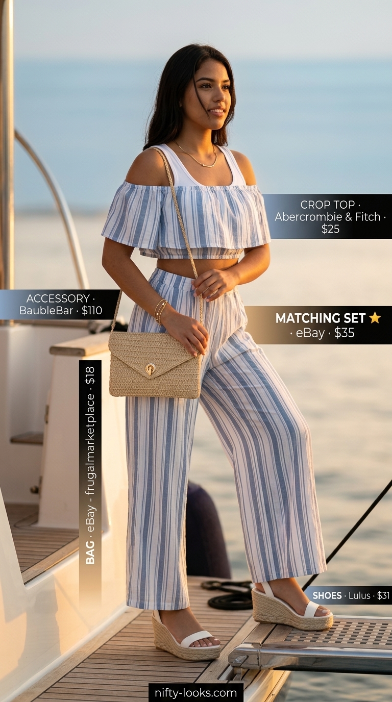 Sky blue and white stripe off-the-shoulder crop top and maxi skirt set for summer crop top matching set outfits for women 2026.