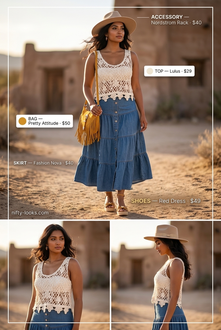 Boho festival outfit with a light wash denim maxi skirt, cream crochet top, mustard fringe bag, and wide-brimmed hat. Summer Denim skirt 2026.