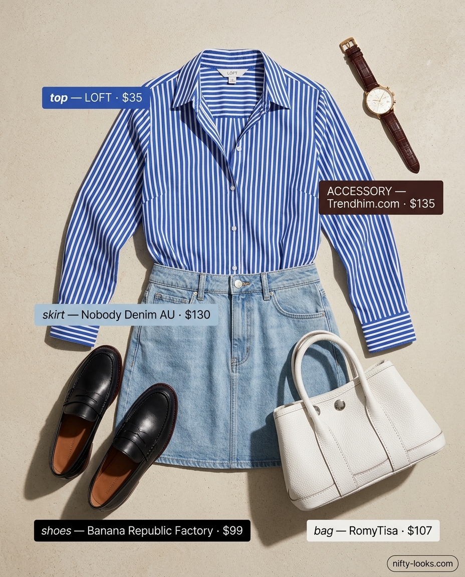 Chic city outfit with a summer denim skirt 2026, white button-down, and loafers for daytime errands.