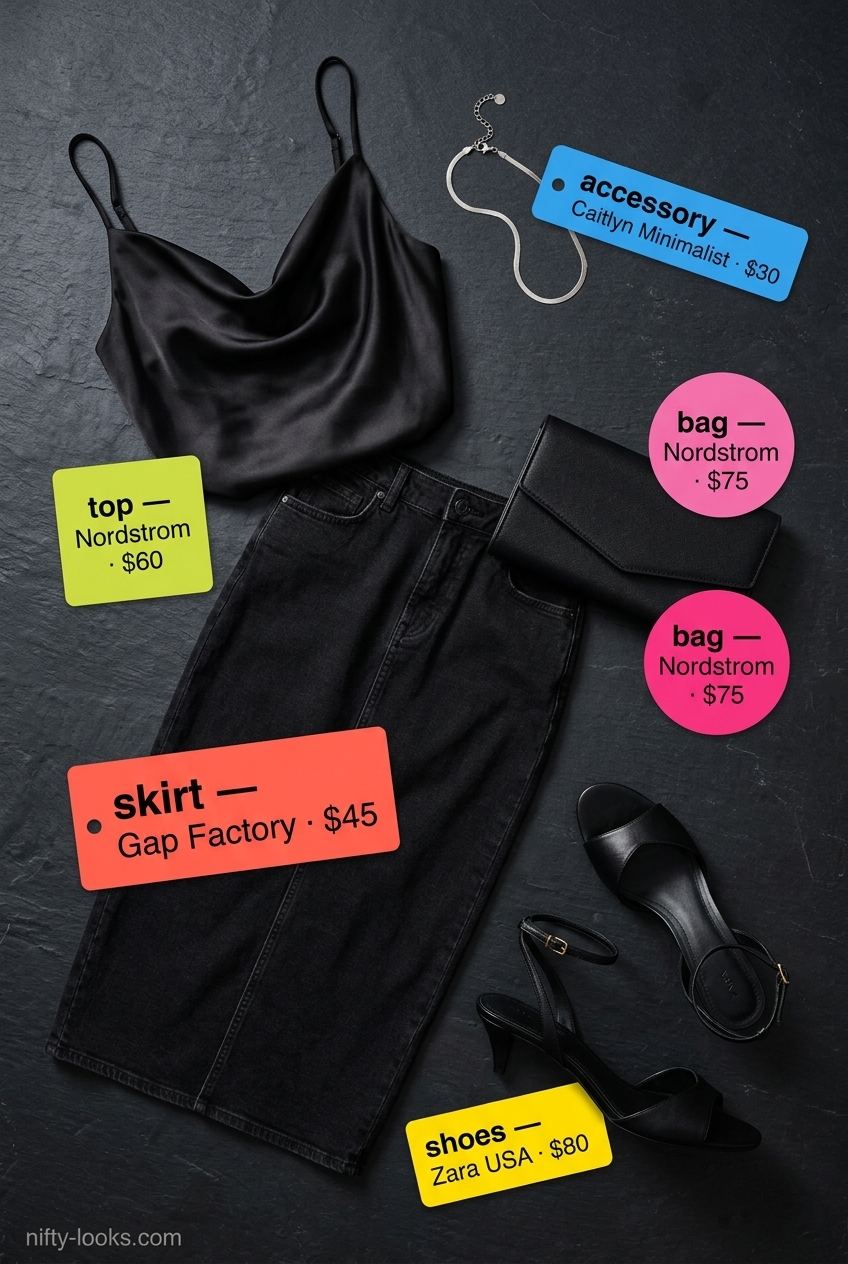 Sleek date night outfit with a black denim pencil skirt, satin camisole, and strappy heels. Summer Denim skirt 2026.