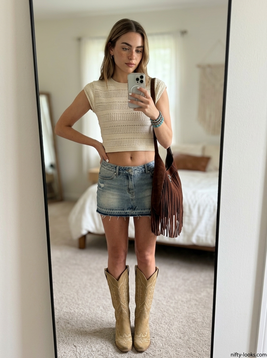 Fun festival outfit with a distressed denim mini skirt, crochet crop top, suede boots, and fringe bag. Summer Denim skirt 2026.