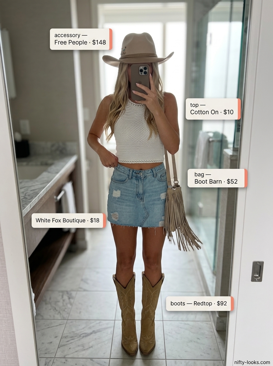 Festival ready outfit with a distressed denim mini skirt, crochet halter top, suede boots, and felt hat. Summer Denim skirt 2026.