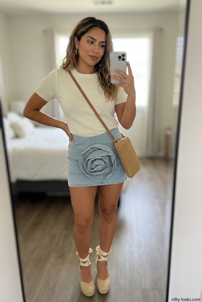 Playful brunch outfit with a floral denim mini skirt, cream knit top, and espadrille wedges. Summer Denim skirt 2026.
