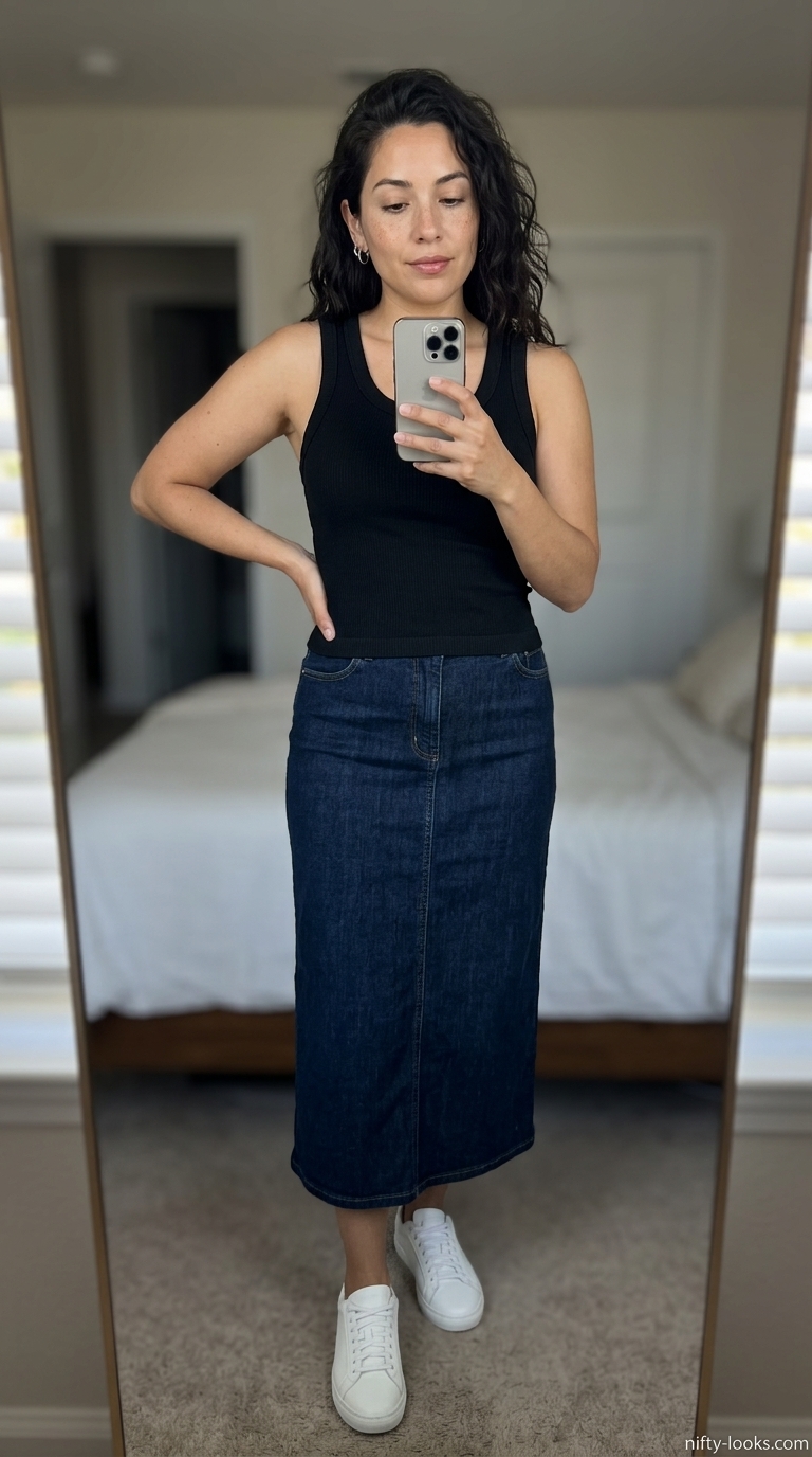 Minimalist dark wash denim midi skirt 2026 outfit with a black tank top and white sneakers for everyday chic.