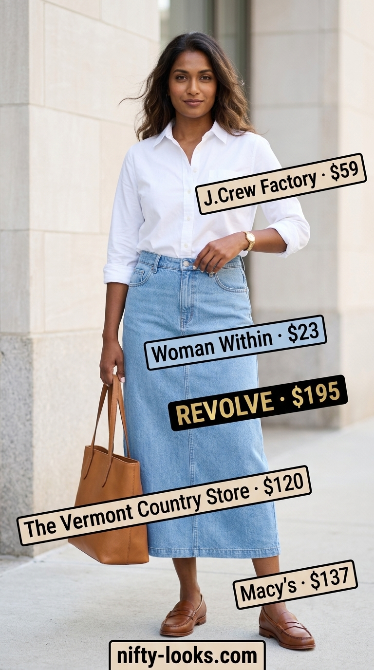 Summer office chic outfit with a light blue denim midi skirt, white button-down shirt, and tan loafers. Summer Denim skirt 2026.