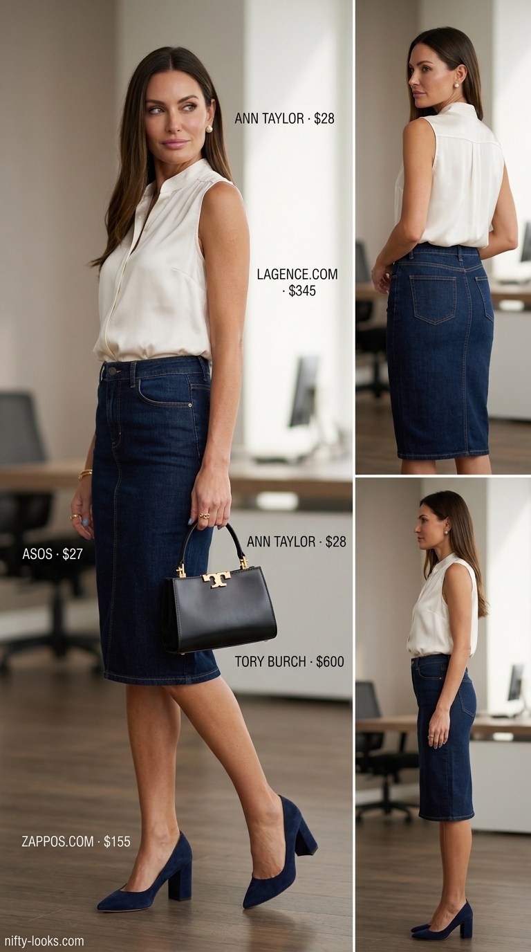 Sophisticated office outfit with a dark wash denim pencil skirt, ivory silk blouse, and navy pumps. Summer Denim skirt 2026.
