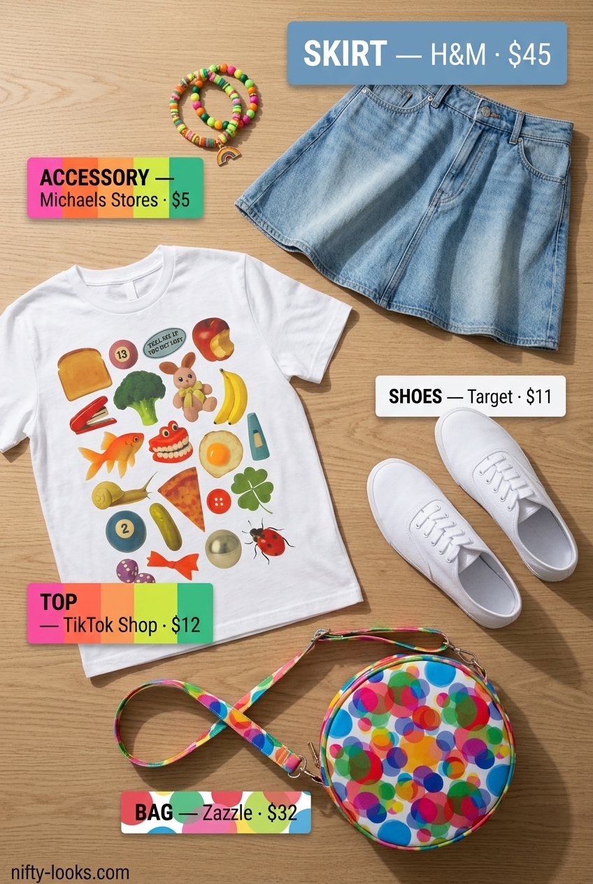 Retro summer outfit with a light wash denim mini skirt, graphic tee, and white sneakers. Summer Denim skirt 2026.