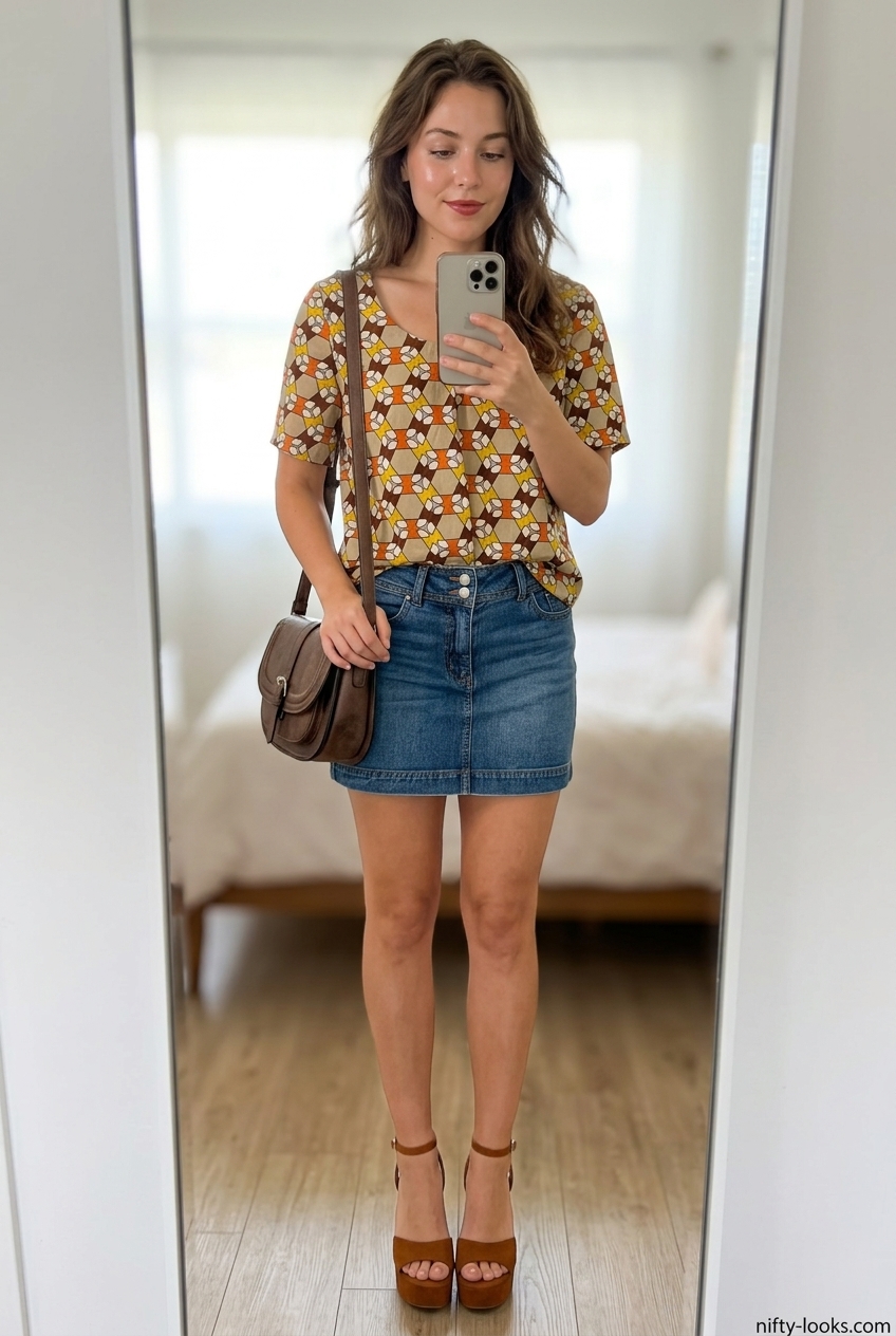 Retro summer denim skirt 2026 outfit with a multicolor peasant blouse and platform sandals for a fun day out.
