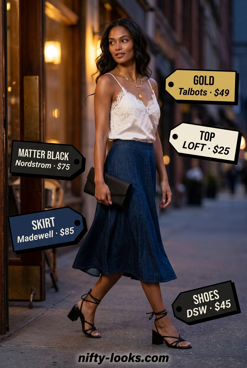 Flowing denim midi skirt 2026 outfit with satin camisole, heeled sandals, and layered necklaces for date night.