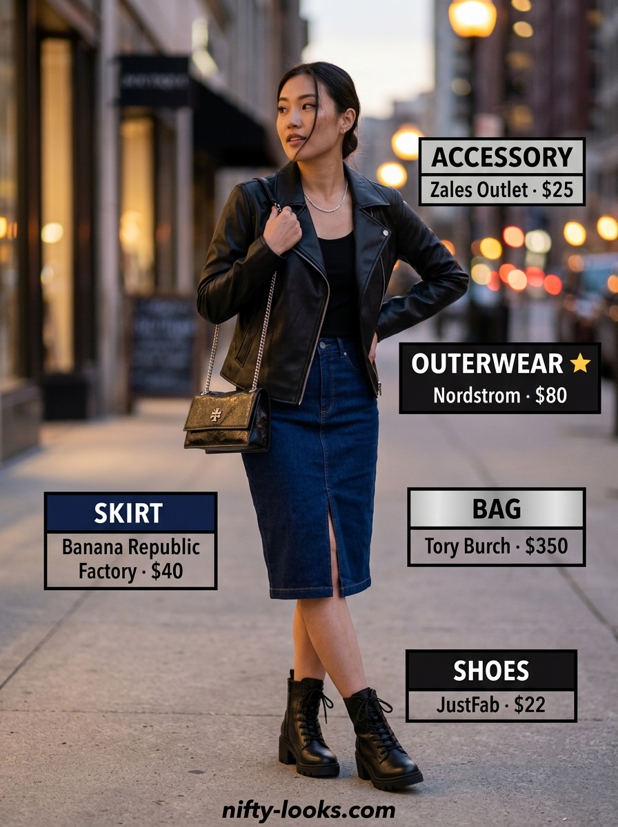 Edgy urban outfit with a dark wash denim pencil skirt 2026, moto jacket, and combat boots for a night out.