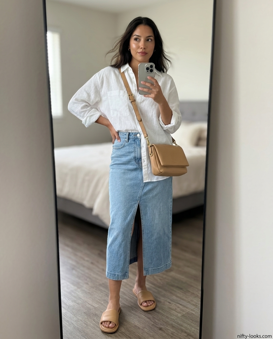 Light wash denim midi skirt 2026 outfit with linen shirt, slide sandals, and aviators for vacation style.