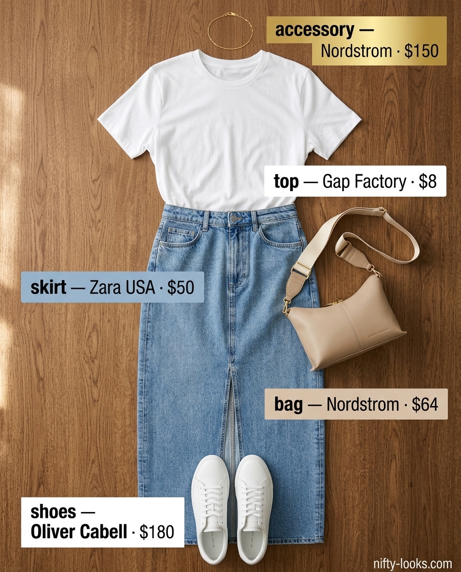 Casual weekend denim midi skirt 2026 outfit with a white tee, sneakers, and crossbody bag for a shopping trip.