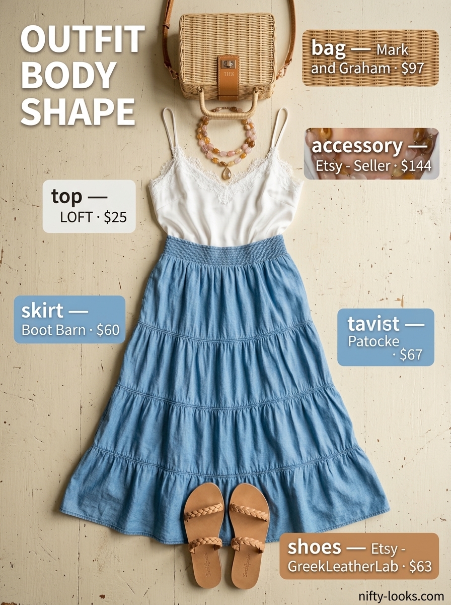 Boho summer outfit: Tiered denim midi skirt, lace camisole, leather sandals for evening. Summer Denim skirt 2026.