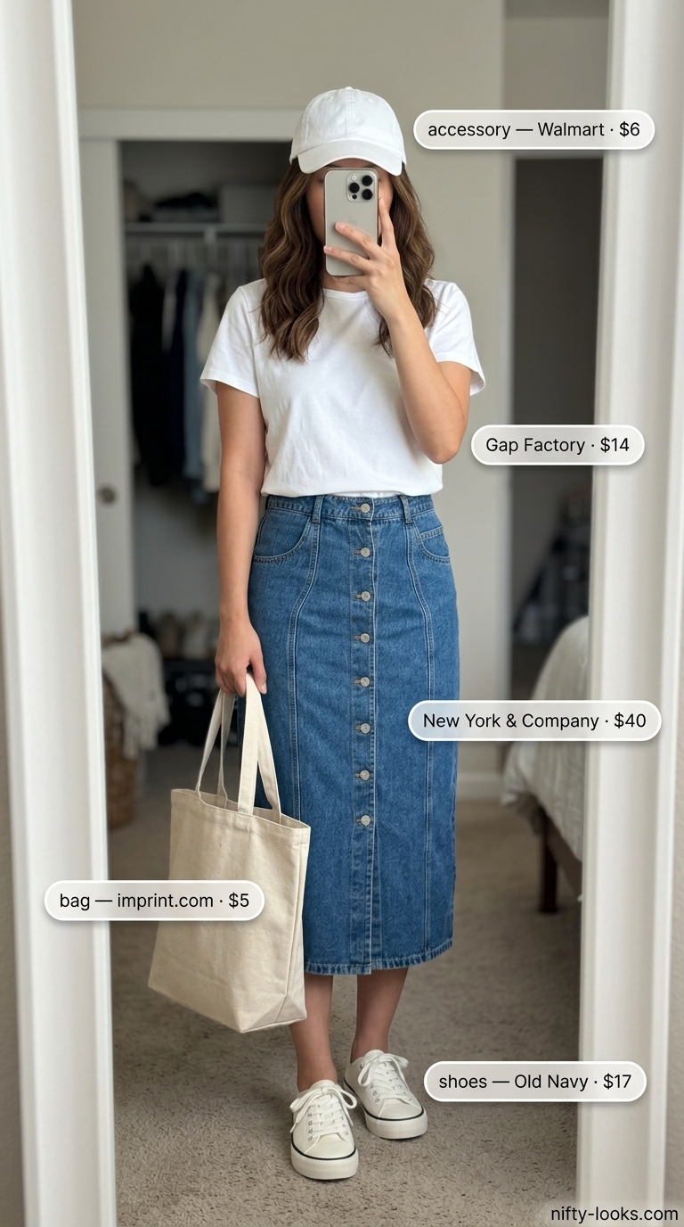 Casual summer day outfit: A-line denim skirt, white tee, canvas sneakers, baseball cap. Summer Denim skirt 2026.
