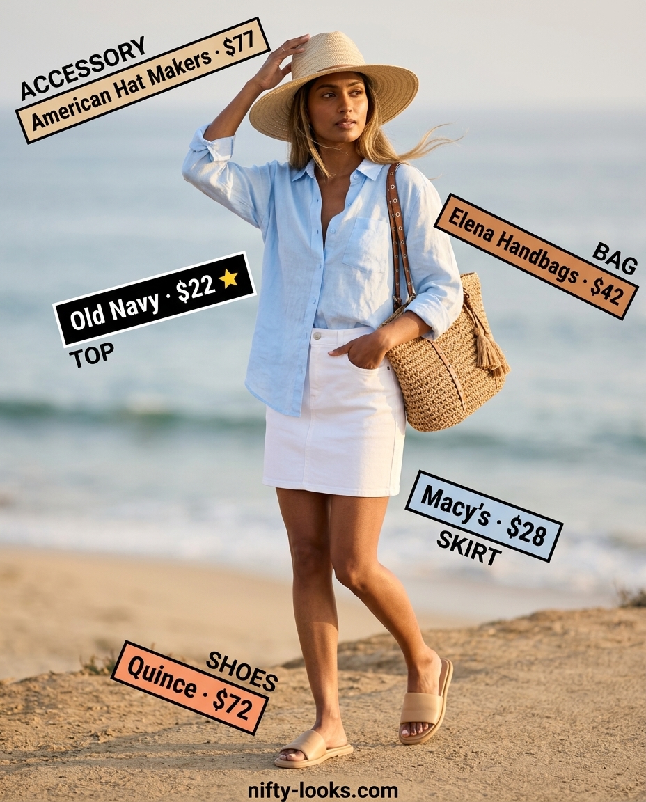 Coastal Breeze outfit: White denim mini skirt, linen shirt, leather slides for beach day. Summer Denim skirt 2026.