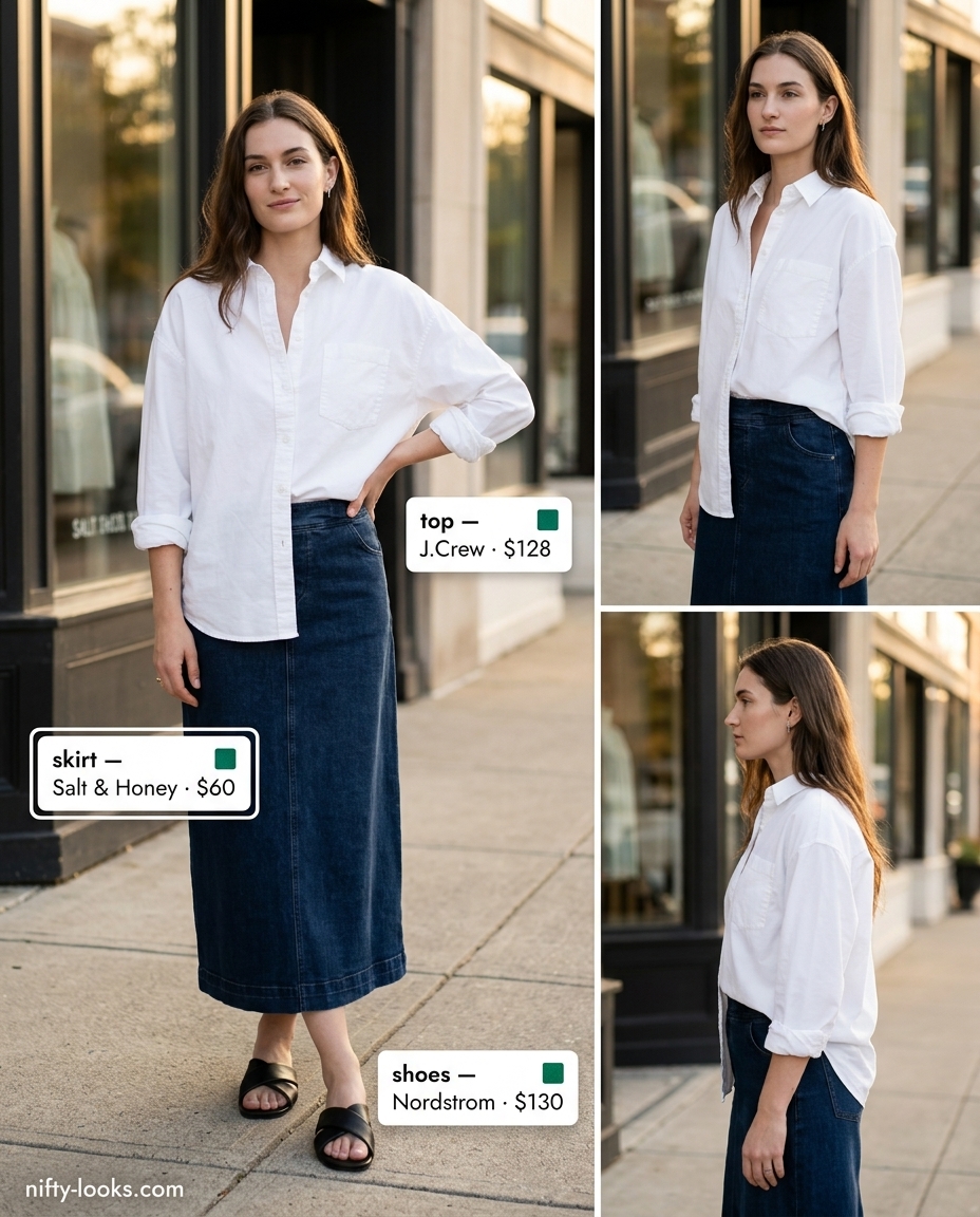 Modern minimalist outfit: Dark wash denim midi skirt, oversized white shirt, leather slides. Summer Denim skirt 2026.