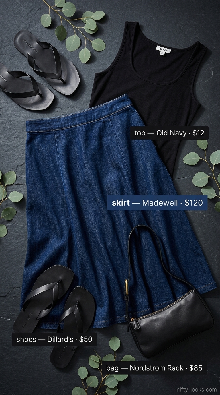 Chic minimalist outfit: Dark wash denim midi skirt, black bodysuit, leather sandals for evening. Summer Denim skirt 2026.