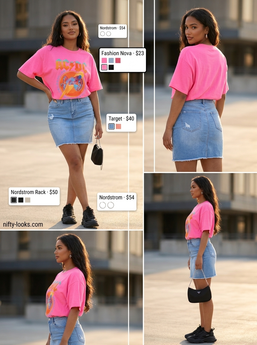Playful concert outfit: Light wash denim mini skirt, pink graphic tee, chunky sneakers. Summer Denim skirt 2026.
