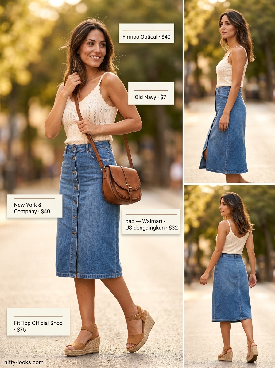 Retro denim midi skirt outfit: Button-front skirt, ribbed tank, espadrille wedges for vintage market. Summer Denim skirt 2026.