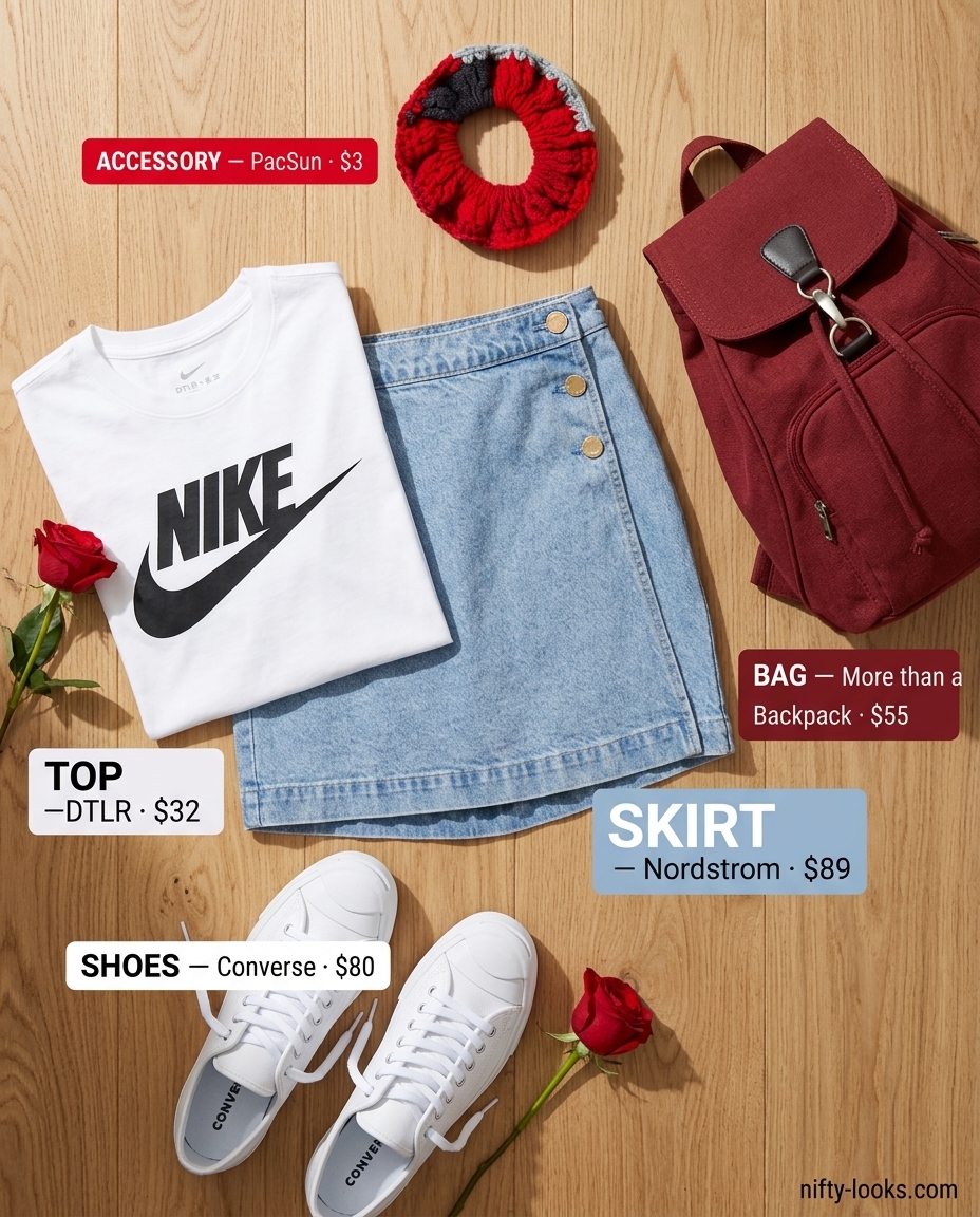 Sporty summer outfit: Denim skort, graphic tee, red backpack, white sneakers for active day. Summer Denim skirt 2026.