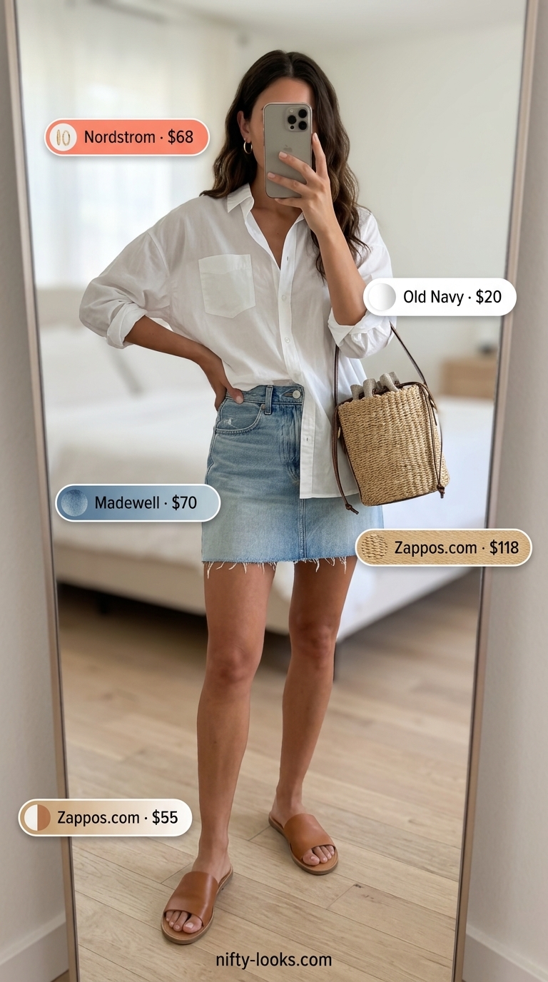 Weekend brunch outfit: Light wash denim mini skirt, oversized poplin shirt, straw bag. Summer Denim skirt 2026.