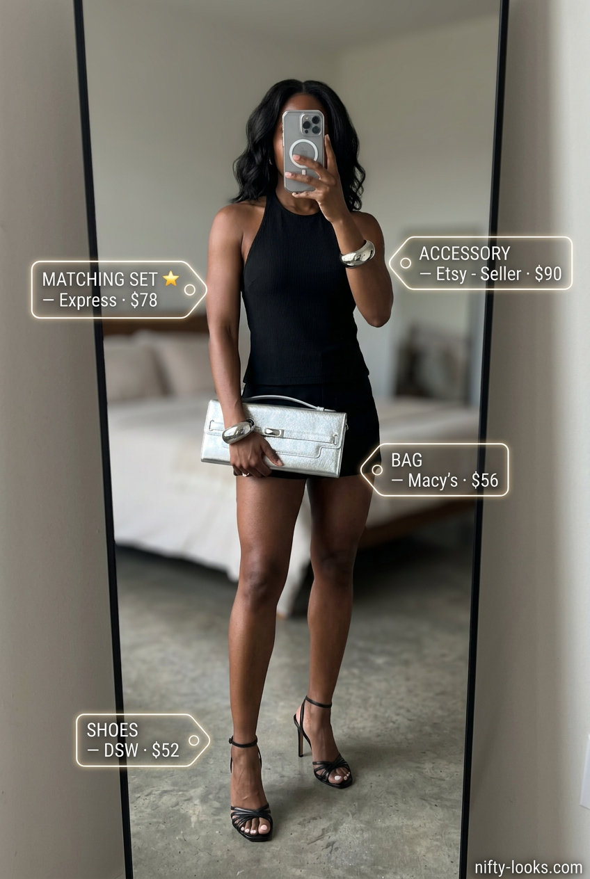 Black halter neck crop top with black satin heels, silver clutch, and cuff for summer Halter Neck outfits.