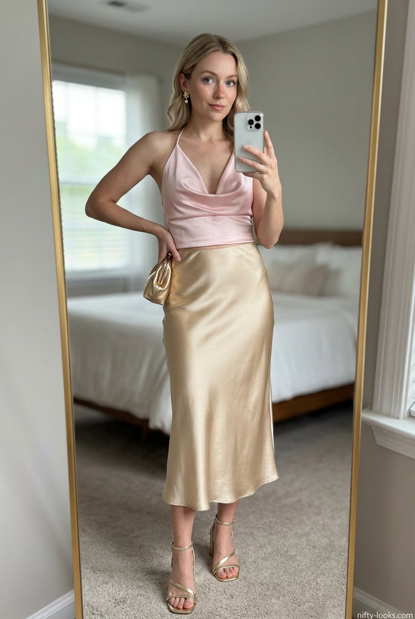 Blush pink textured halter top with champagne satin midi skirt, gold sandals, and drop earrings for summer Halter Neck outfits.