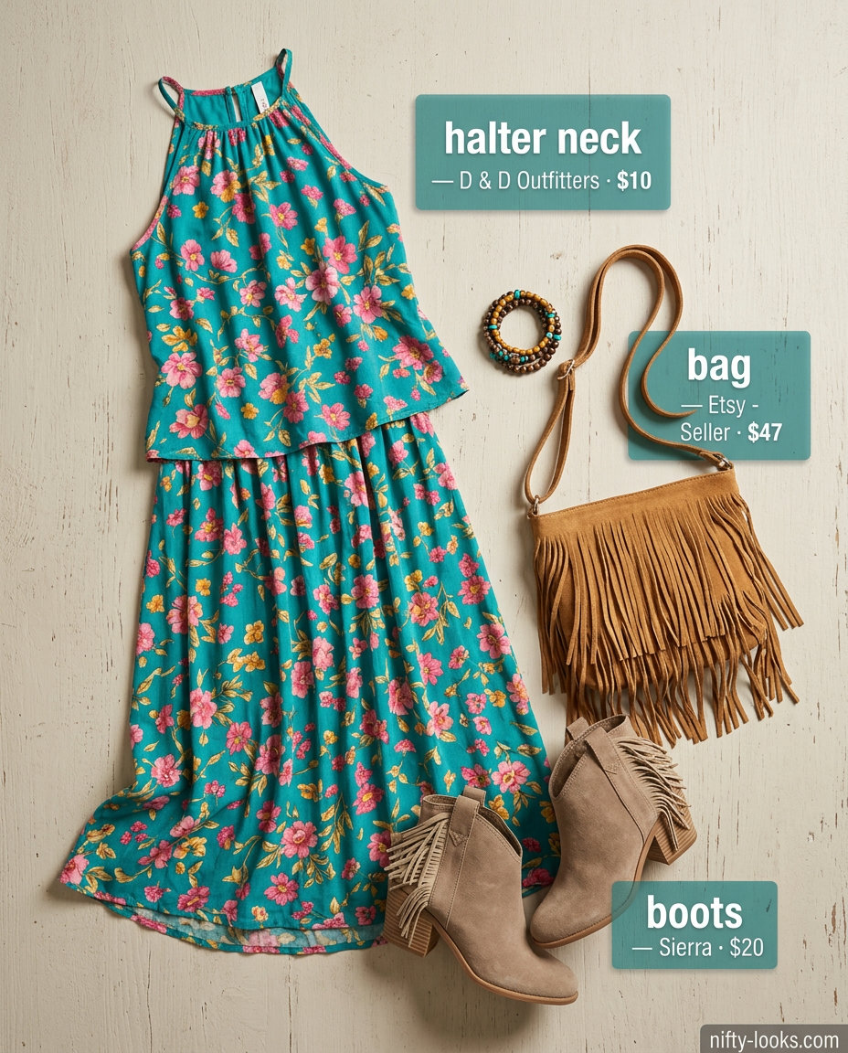 Boho teal floral halter crop top & maxi skirt set for summer 2026 festivals. Style with tan boots & fringe bag.