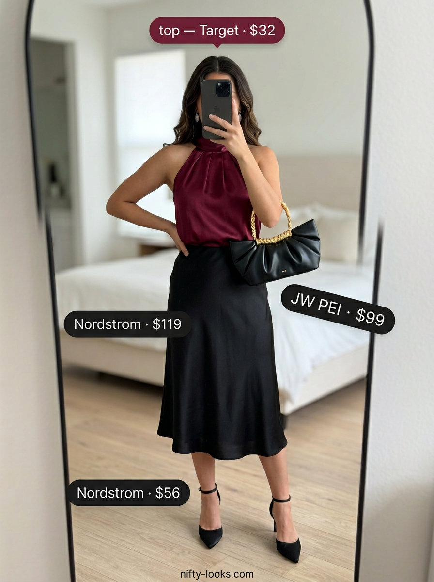 Burgundy satin halter neck top with black satin midi skirt, stiletto heels, and gold drop earrings for summer Halter Neck outfits.