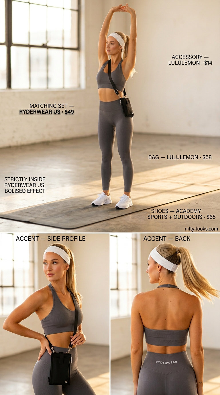 Sporty charcoal grey halter bra and matching set for light workouts in 2026. Comfortable athleisure style.