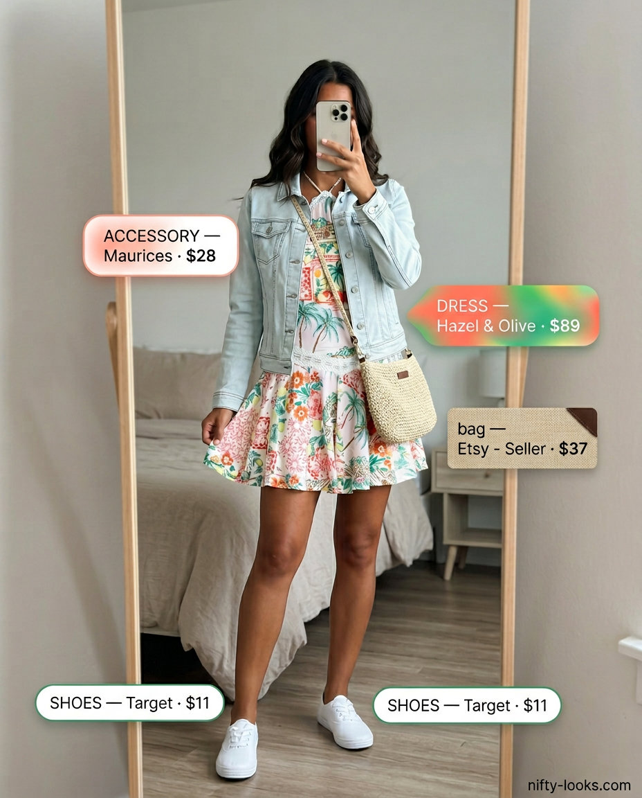 Coral floral halter mini dress with denim jacket, sneakers, and straw crossbody for summer Halter Neck outfits.