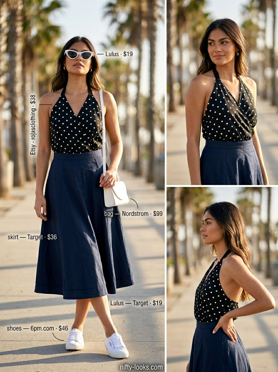 Nostalgic coral halter top with white polka dots and a navy high-waisted skirt for summer picnics in 2026.