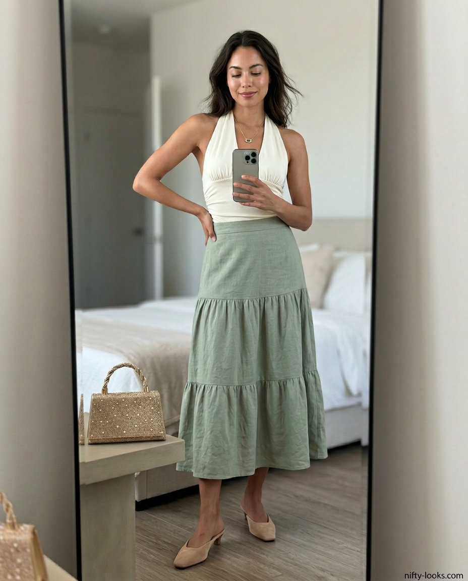 Elegant cream halter knit top with sage green linen skirt for garden parties in 2026. Feminine sophisticated look.