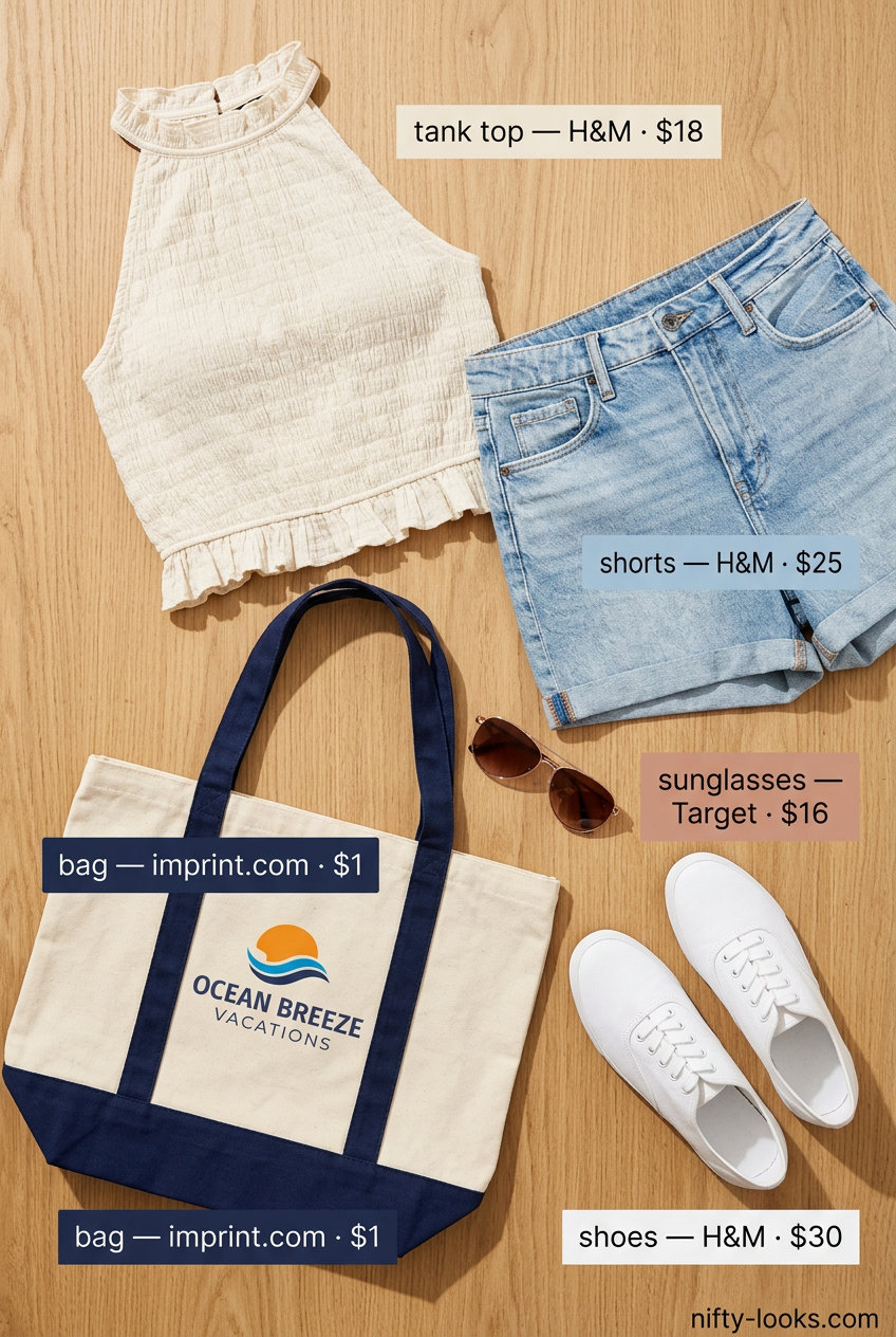 Casual cream halter knit tank top & blue denim shorts for summer 2026 day outs. Style with white sneakers.