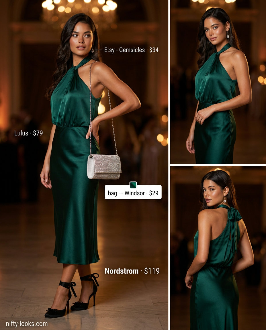 Glamorous emerald green silk halter slip dress for summer 2026 evening events. Style with silver heels & clutch.