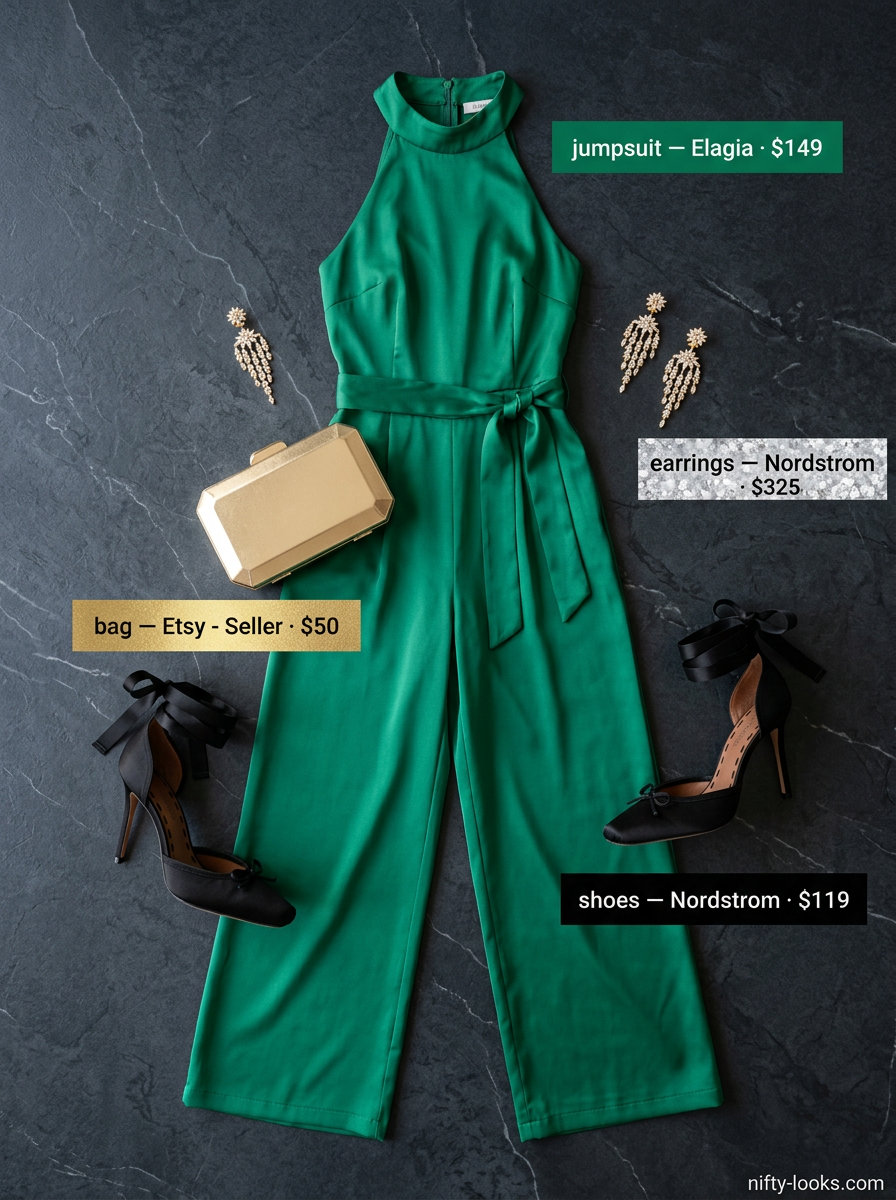 Glamorous emerald green halter jumpsuit for formal evening events in 2026. Sophisticated cocktail party attire.
