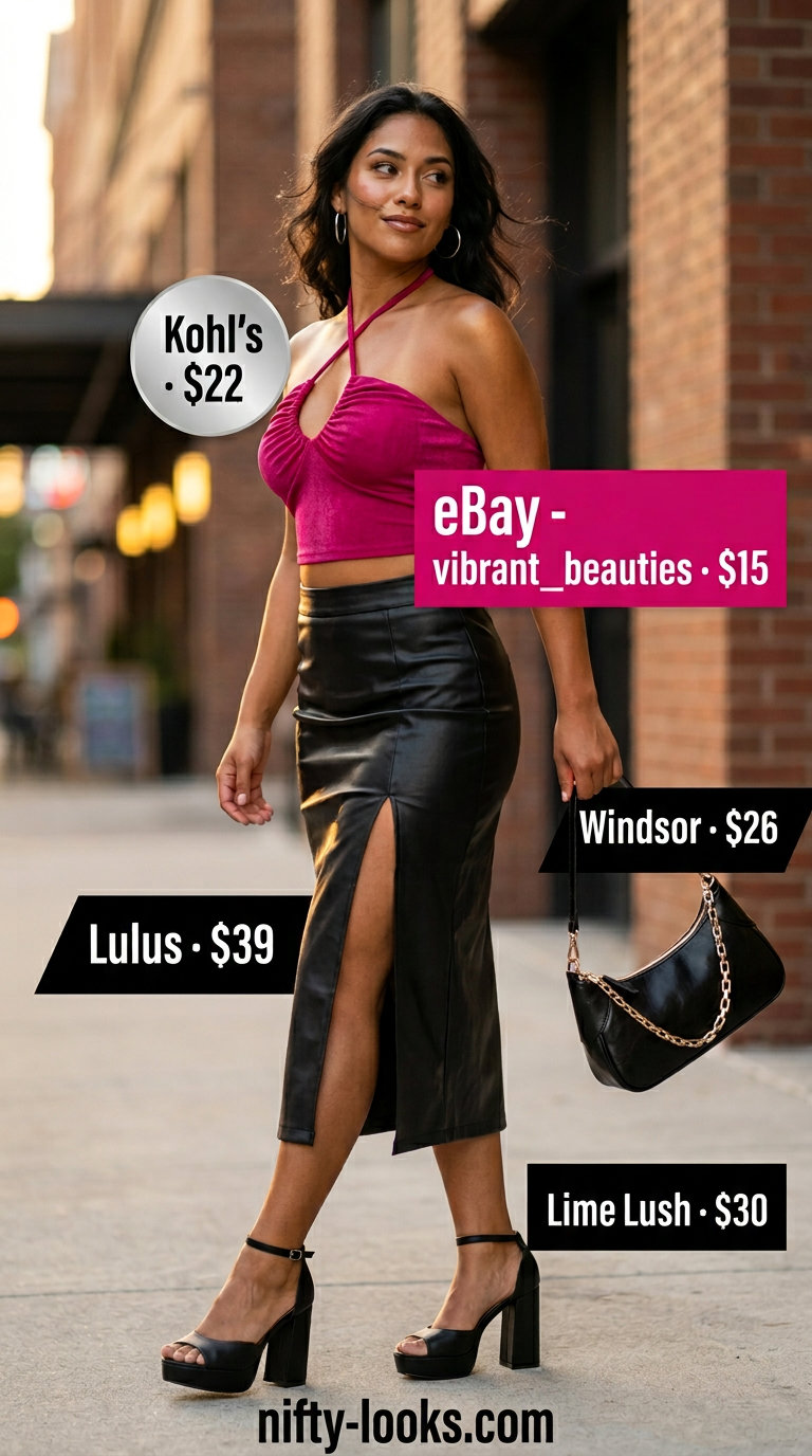 Bold fuchsia halter crop top & black faux leather mini skirt for summer 2026 night outs. Style with platform sandals.