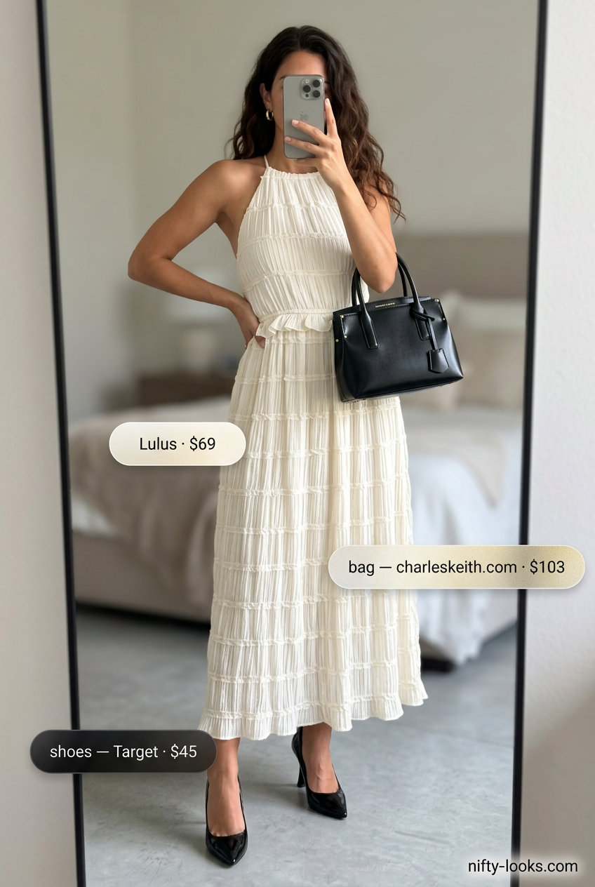 Elegant ivory halter dress for summer wedding guests in 2026. Sophisticated cocktail party attire.