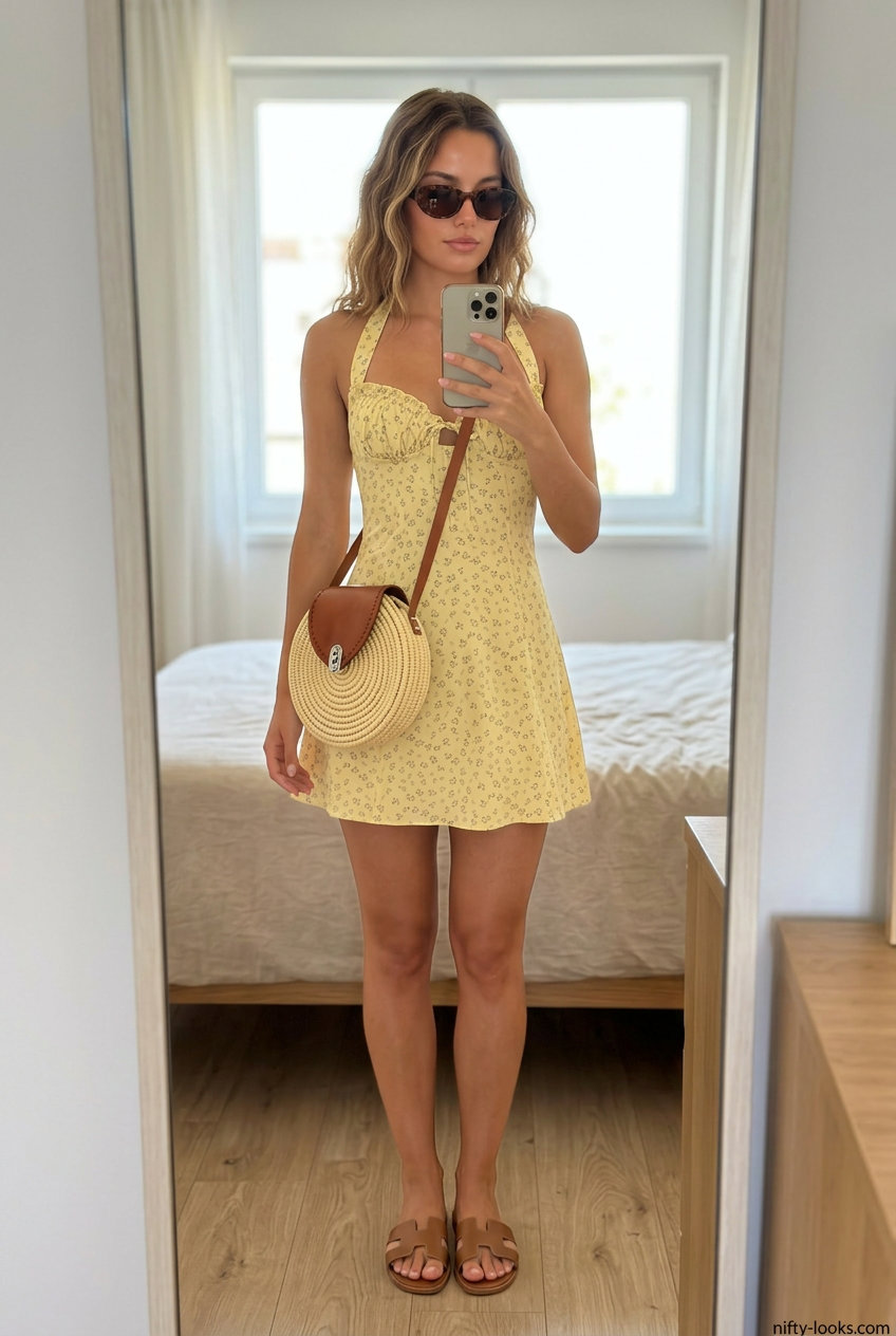 Mustard yellow floral halter mini dress with leather slides, straw bag, and sunglasses for summer Halter Neck outfits.