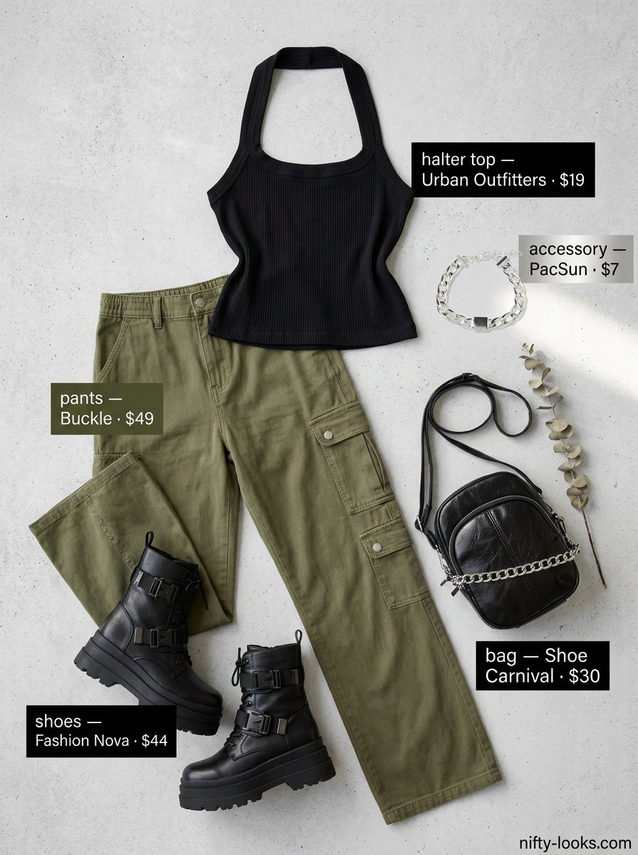 Edgy olive green cargo pants with a black halter crop top for urban outings in 2026. Trendy concert outfit.
