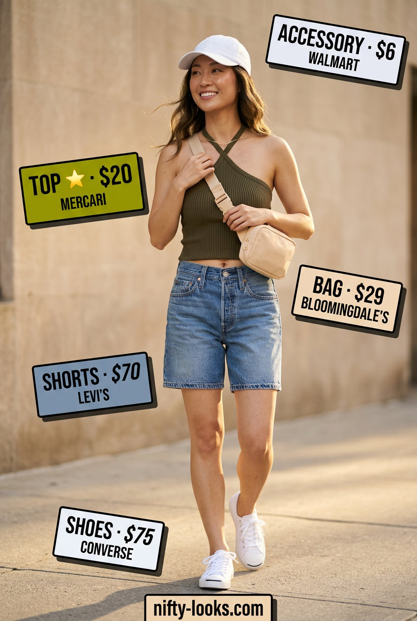 Olive green halter neck tank top with denim shorts, white sneakers, and baseball cap for summer Halter Neck outfits.