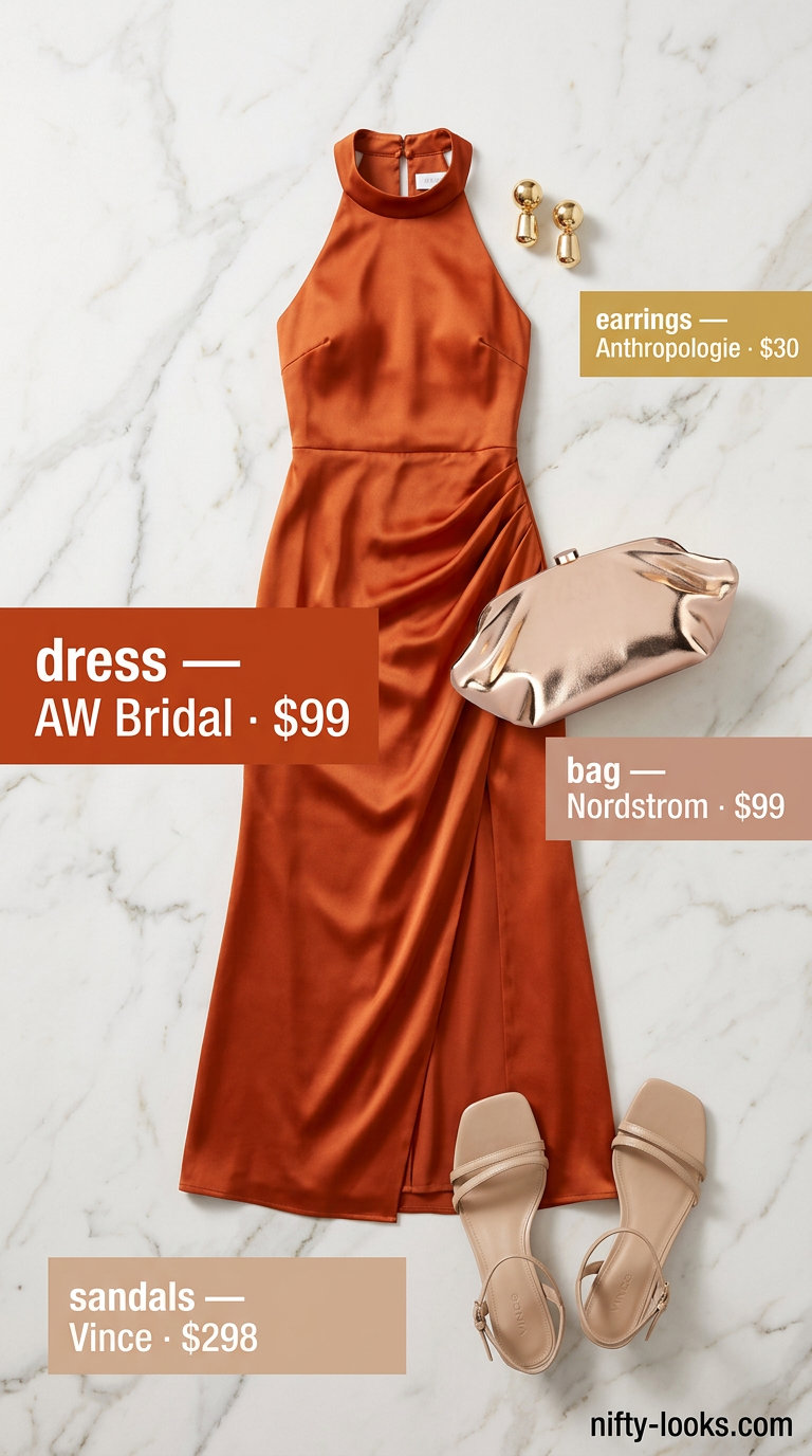 Sunset orange halter neck midi dress with nude heeled sandals, gold earrings, and metallic clutch for summer Halter Neck outfits.
