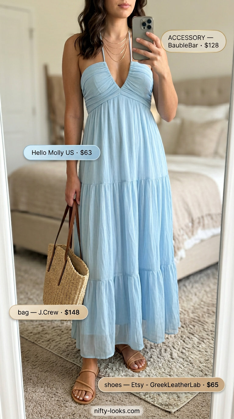 Sky blue halter neck maxi dress with tiered skirt, leather sandals, straw tote, and layered necklaces for summer Halter Neck outfits.