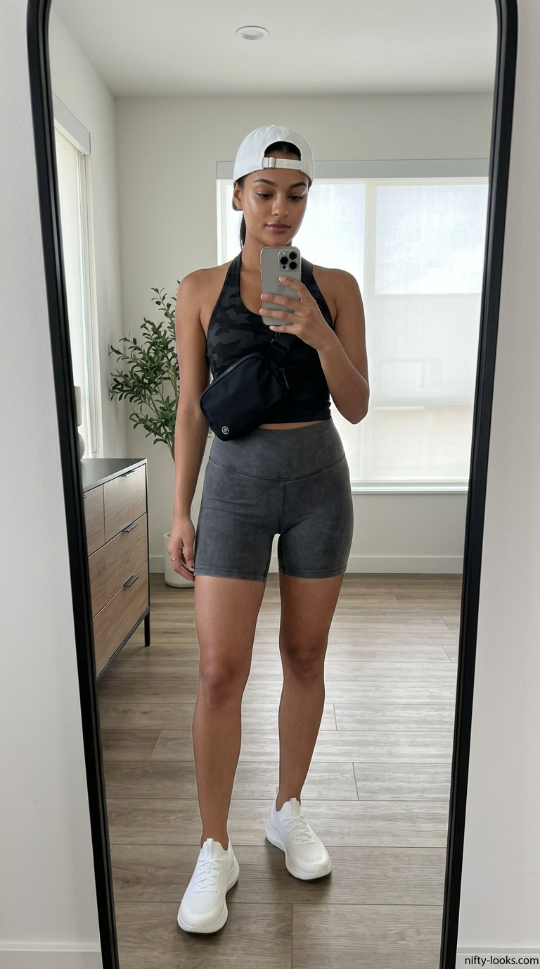 Athletic grey halter crop top & black biker shorts for summer 2026 workouts. Style with sneakers & cap.