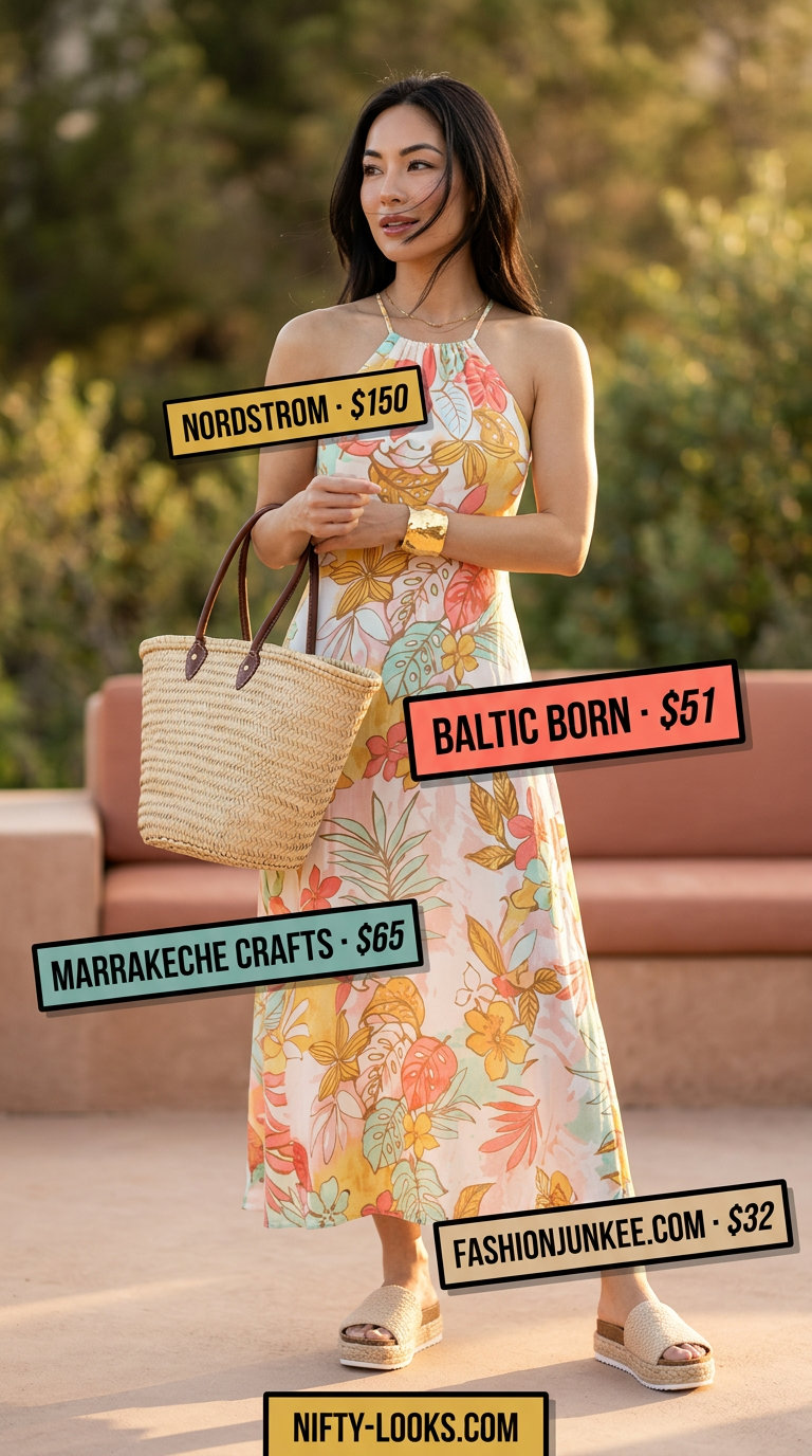 Teal floral print halter maxi dress with woven espadrilles, straw tote, and hammered gold cuff for summer Halter Neck outfits.