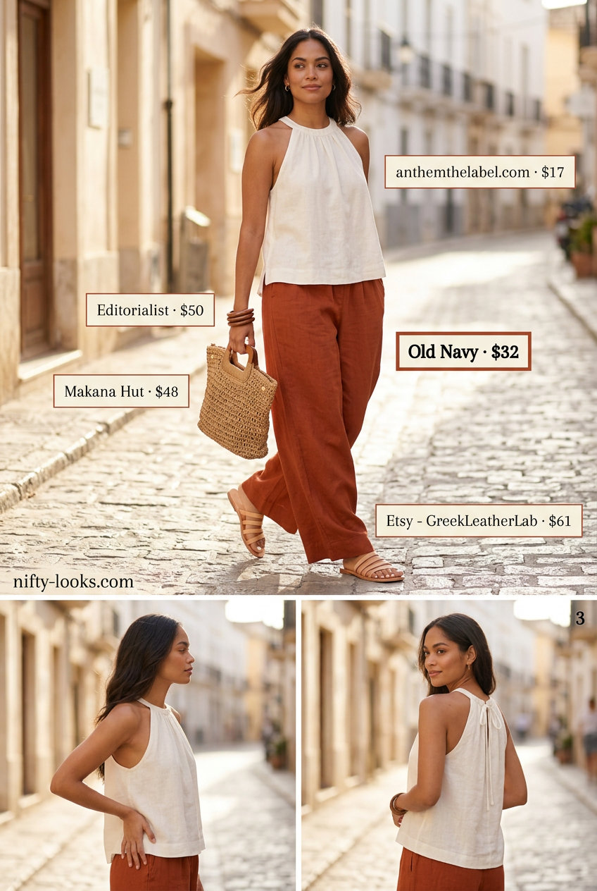 Vacation ready terracotta linen pants with a cream halter top for summer travel in 2026. Relaxed chic style.