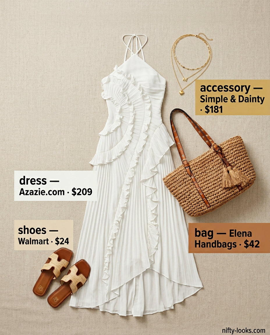 Coastal white halter maxi dress for summer 2026 beachside dinners. Style with woven sandals & straw tote.