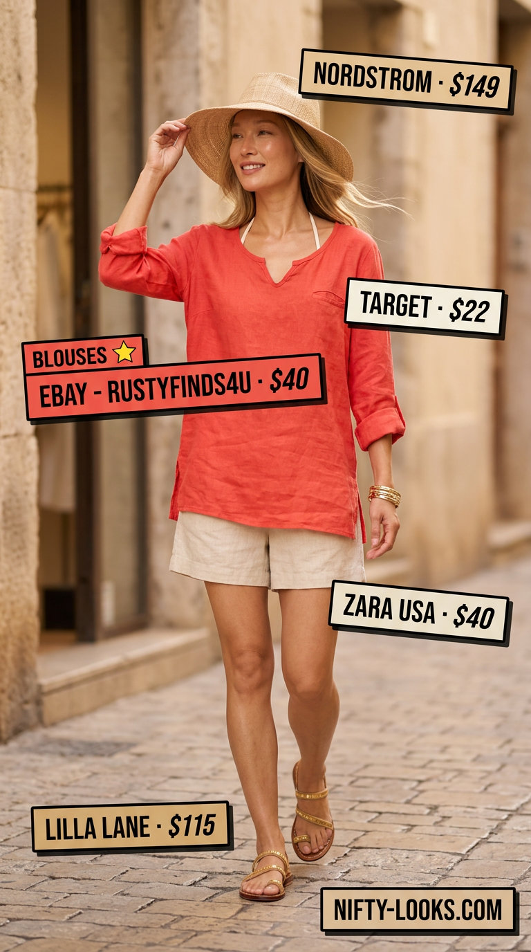 Coral linen tunic blouse for women 2026, styled as a boho beach cover-up.