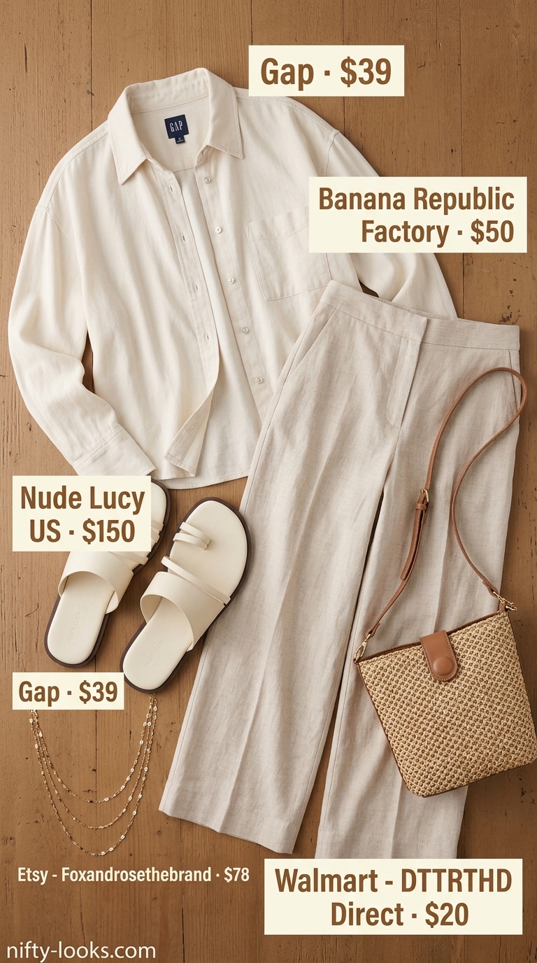 Coastal breeze soft beige linen trousers and oversized shirt for vacation. Summer linen blouses for women 2026.